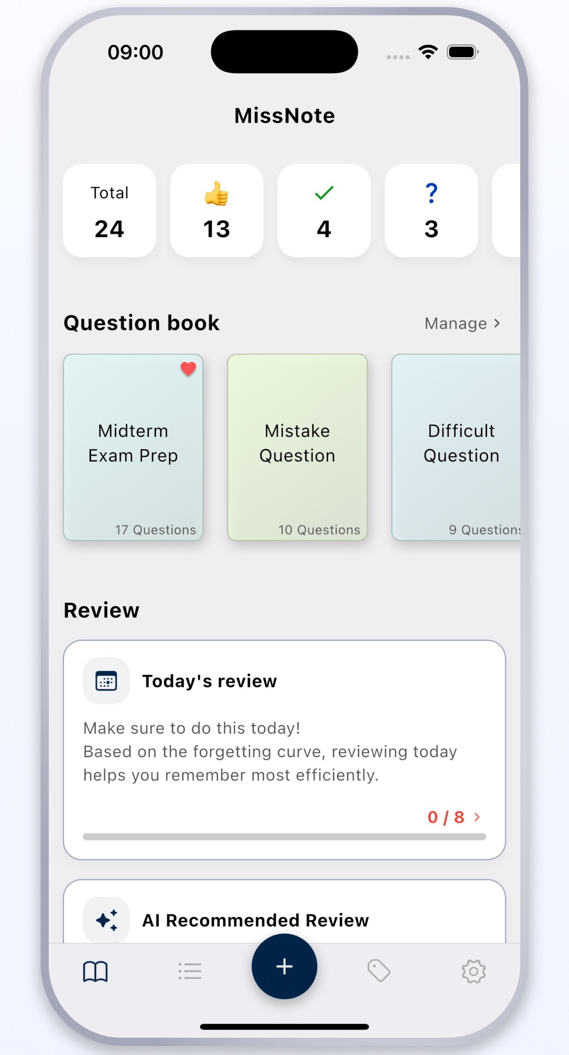 Missnote mistake journal home screen