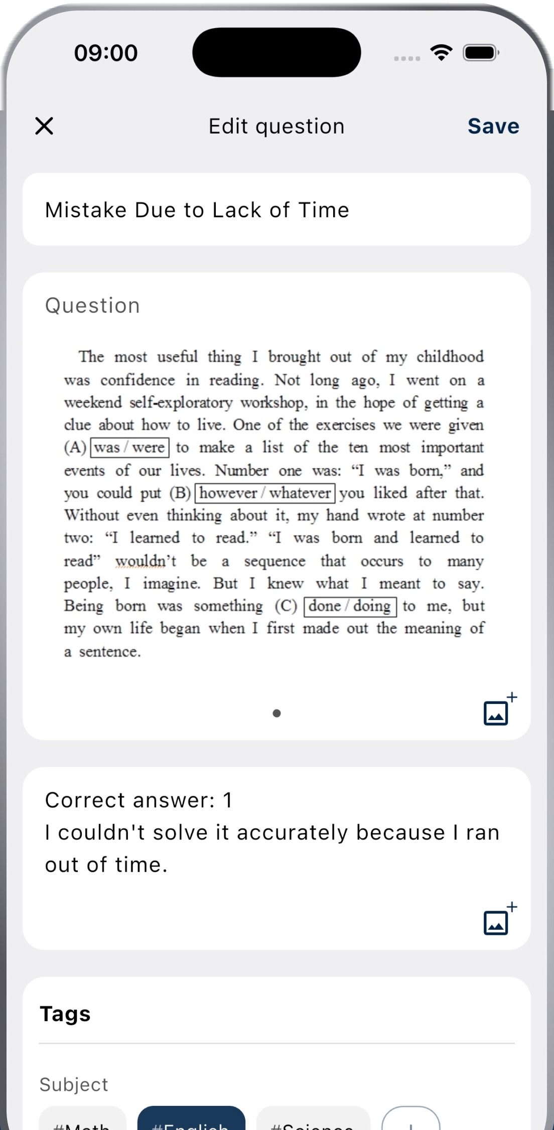 Saving a question with a photo or text